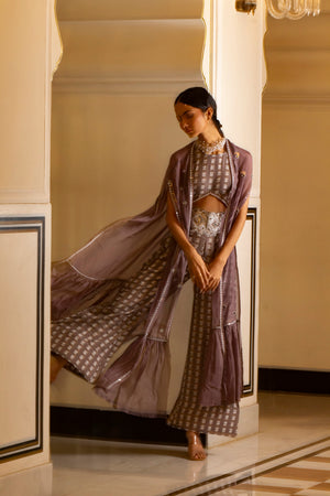 Grey Printed Jumpsuit With Organza Shrug - L image