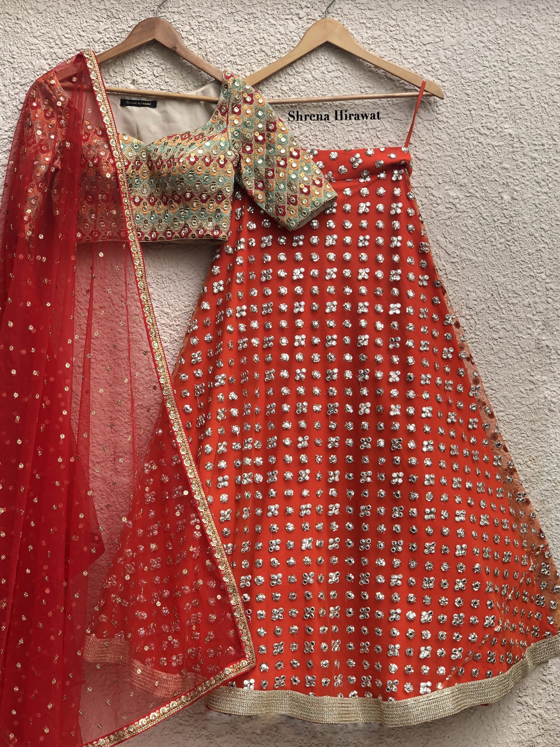 Orange Mirror Lehenga Set - S image