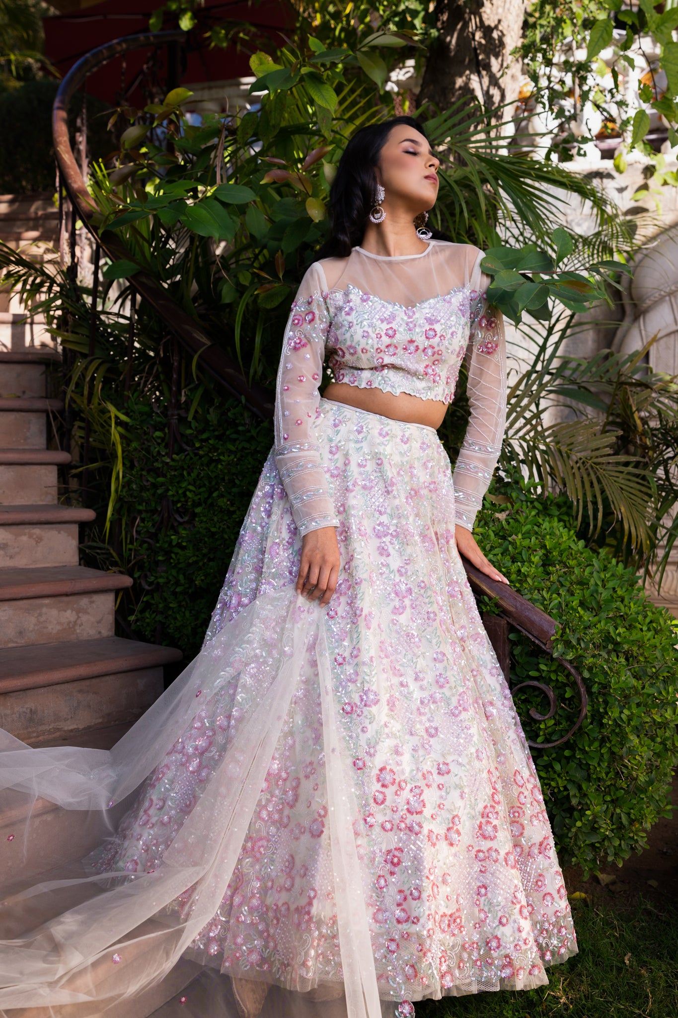 Off-White Net Embroidered Lehenga Set image 7