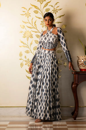 White Printed Tie-Up Corset Blouse and Skirt Set image 1