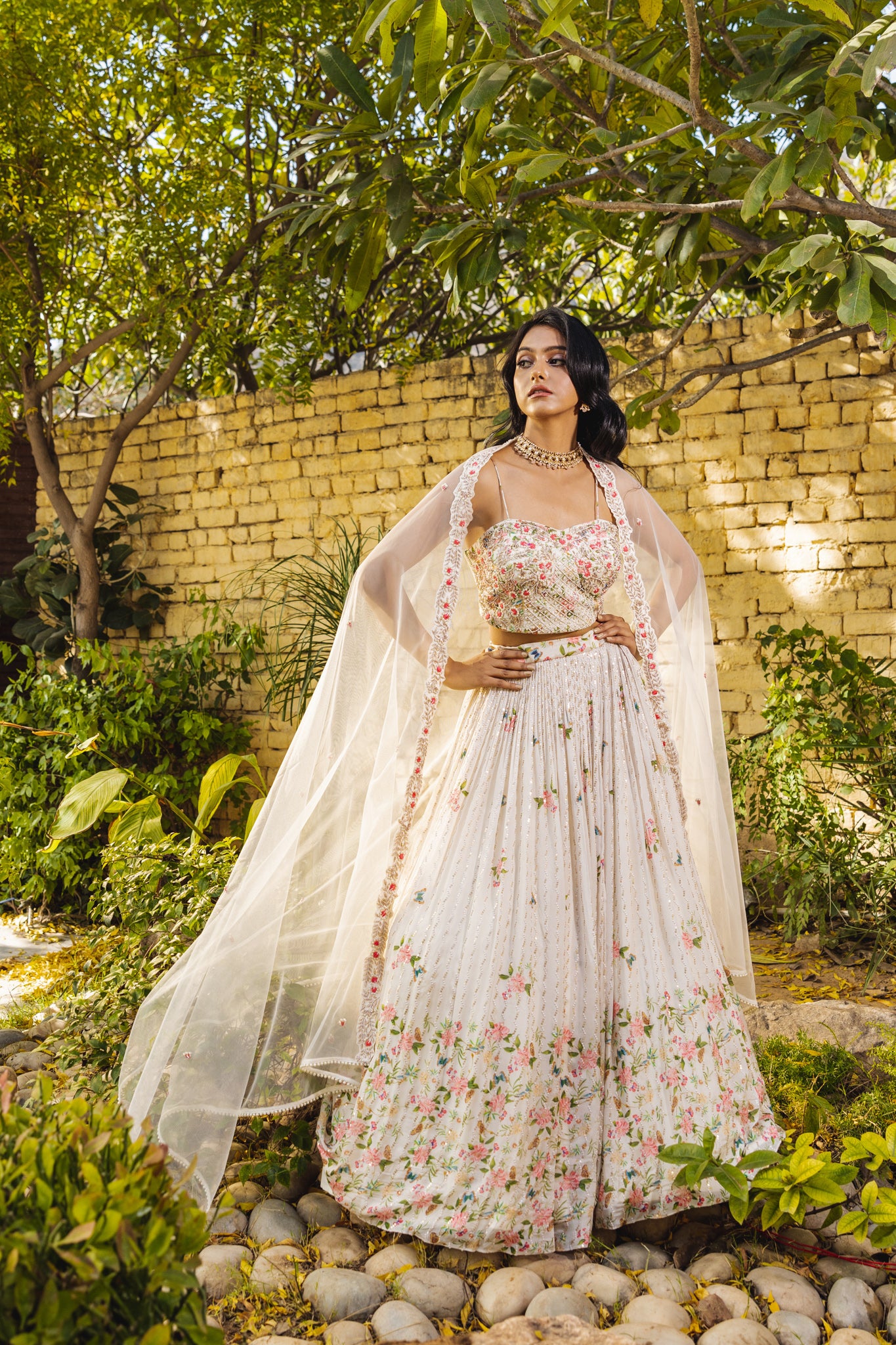 Navy Blue &amp; Off-White Floral Georgette Crepe Embroidered Lehenga Set - L image