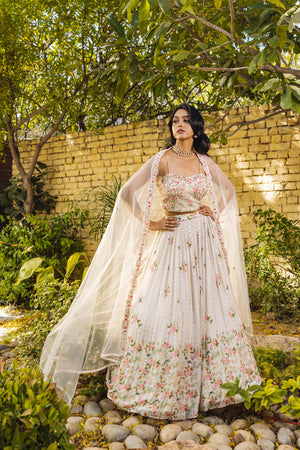 Navy Blue &amp; Off-White Floral Georgette Crepe Embroidered Lehenga Set - L image