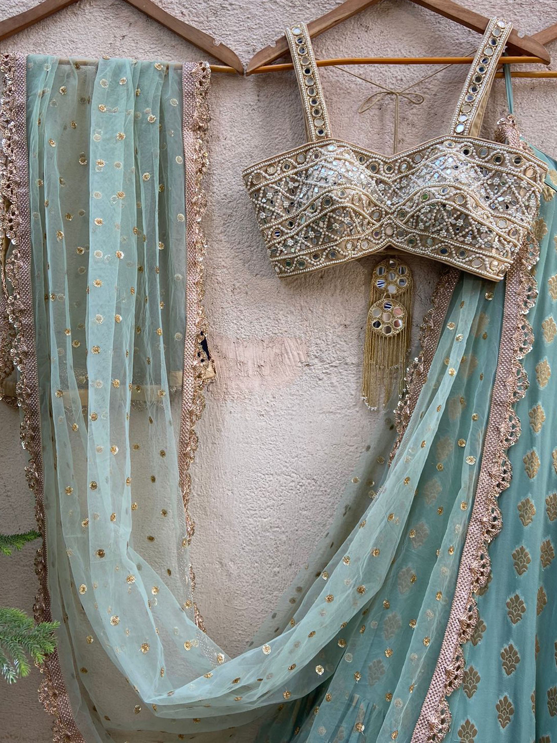 Ocean Green Lehenga Set with Mirror Bustier image 3