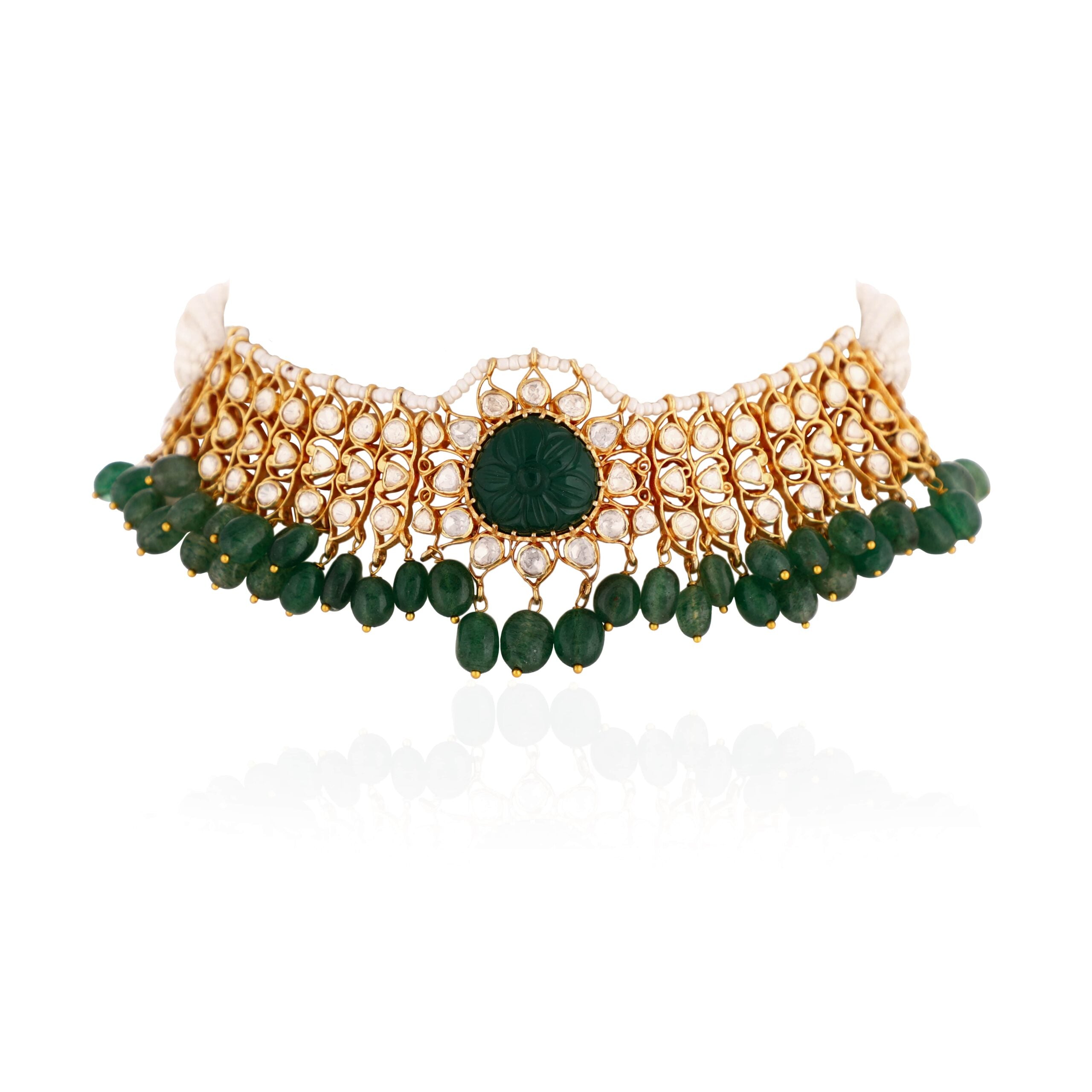 Emerald Green Bead And White Stone Choker Set image 2