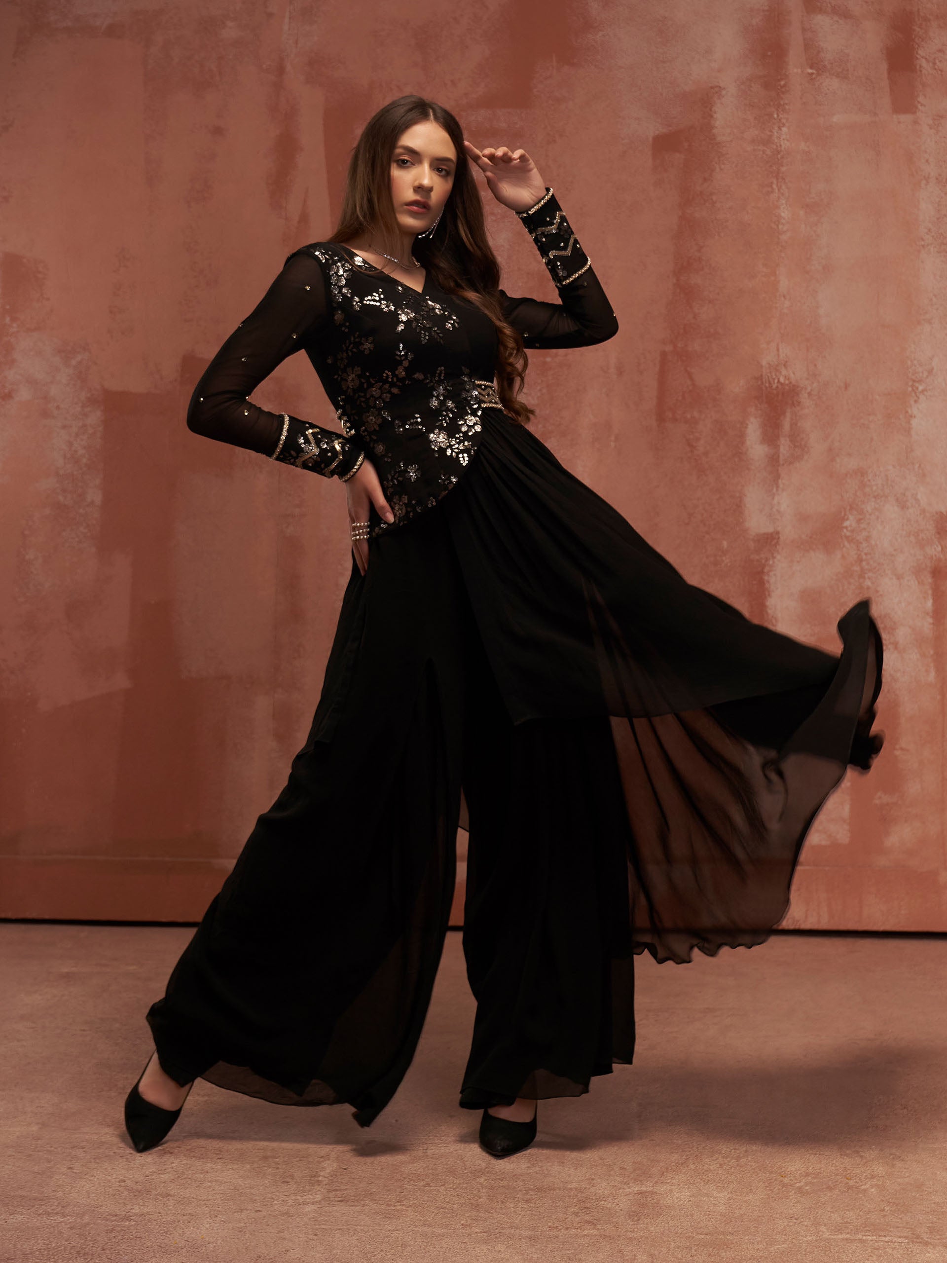 Black Asymmetric Flared Pant Set image 1
