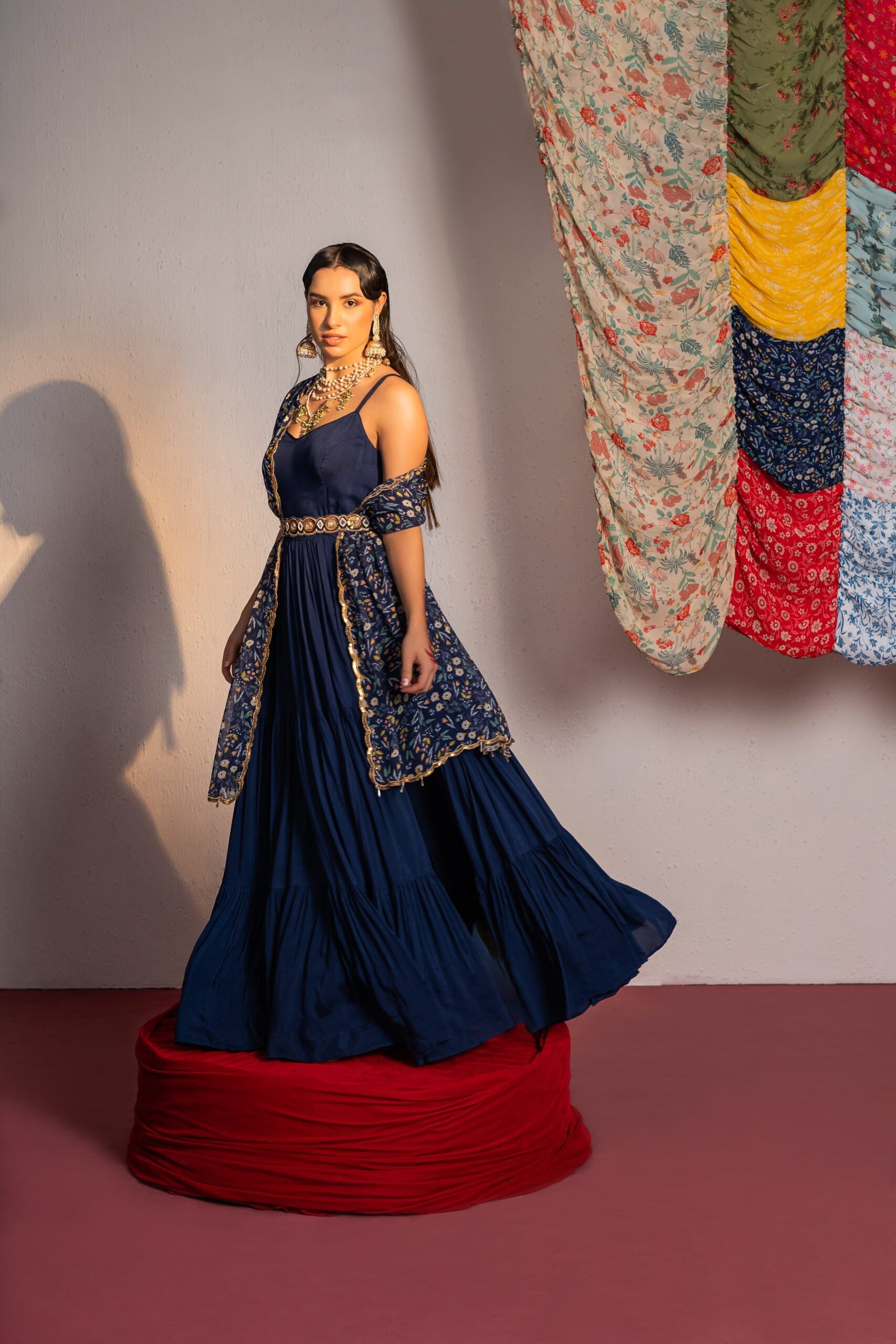 Royal Blue Printed And Embroidered Anarkali Suit Set image 1