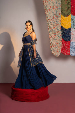 Royal Blue Printed And Embroidered Anarkali Suit Set image 1