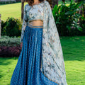 Powder Blue Printed &amp; Embroidered Lehenga Set image 0