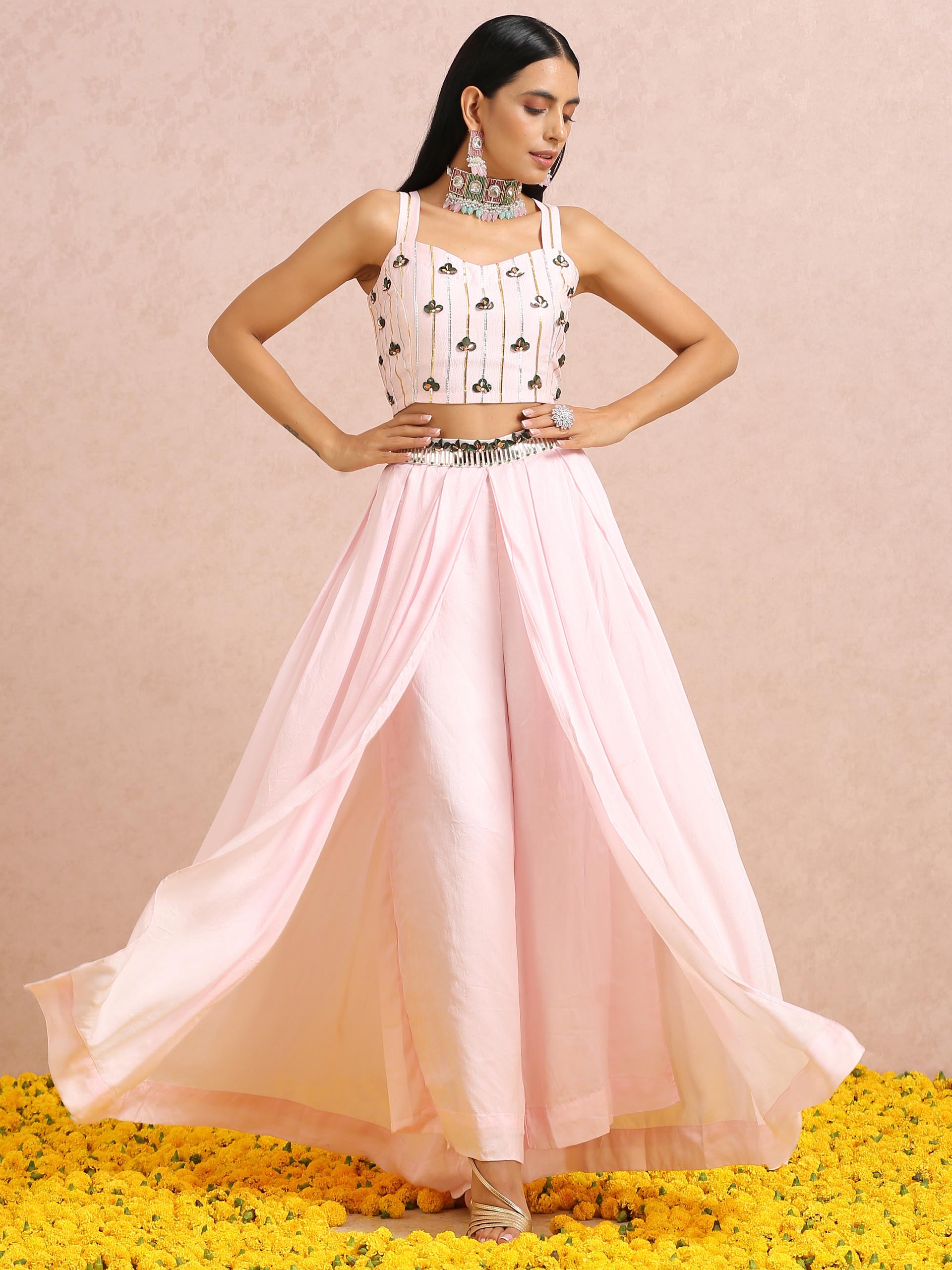 Light Pink Embroidered Pallazo Set with Cape image 1