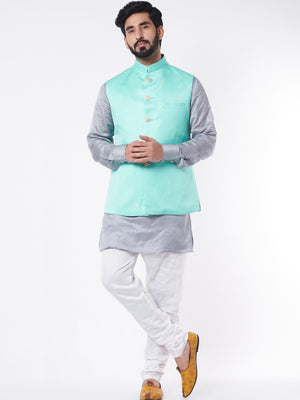 Turquoise Bundi Jacket With Grey Kurta Set - Custom image