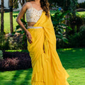 Yellow Embroidered Drape Saree Set with Belt image 0