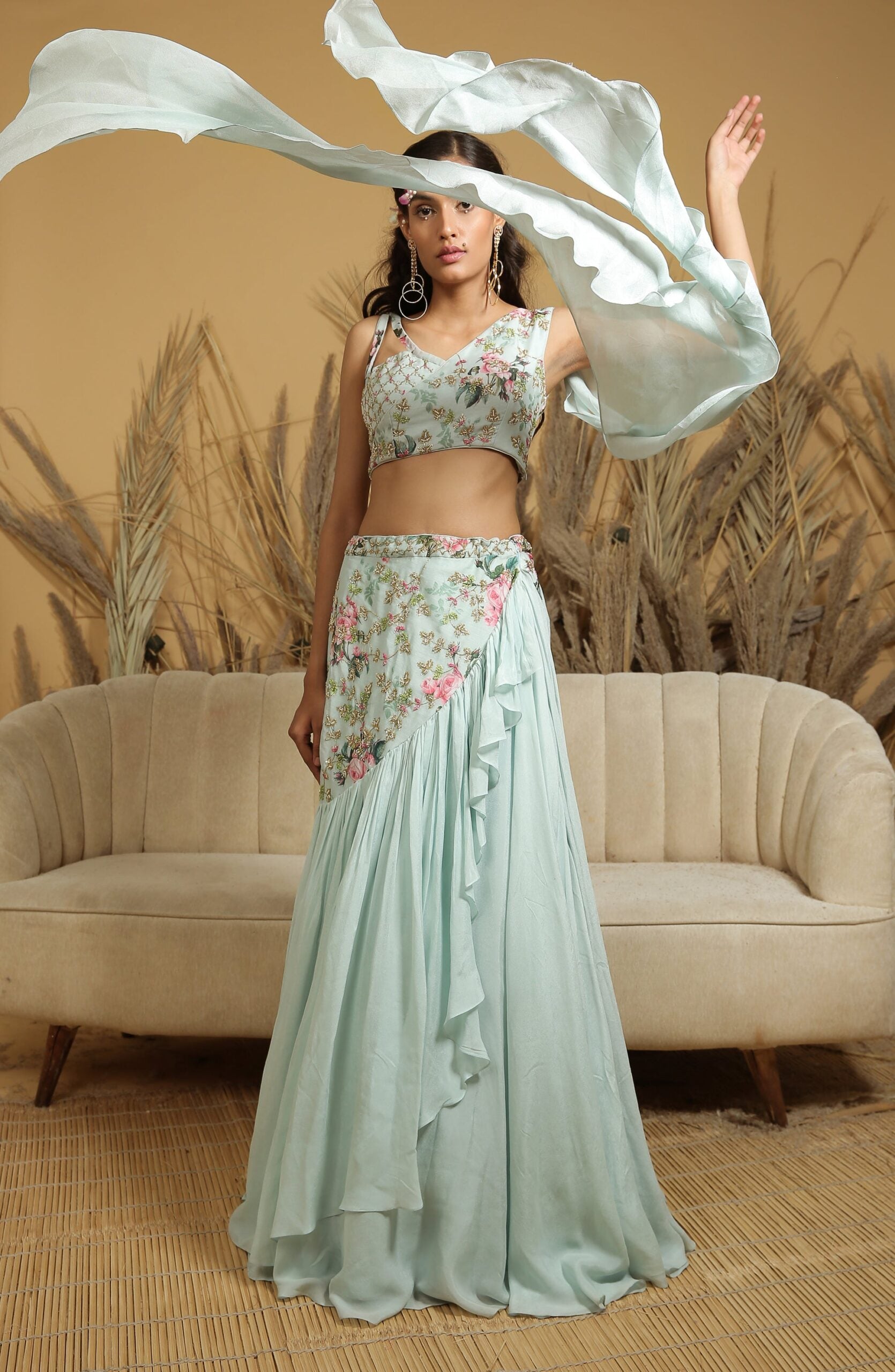 Pastel Blue Embroidered Fusion Lehenga Set image 3