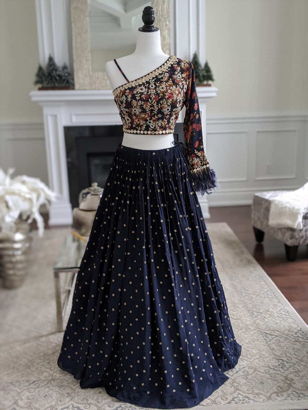 Navy Blue Lehenga with One Shoulder Blouse - L image