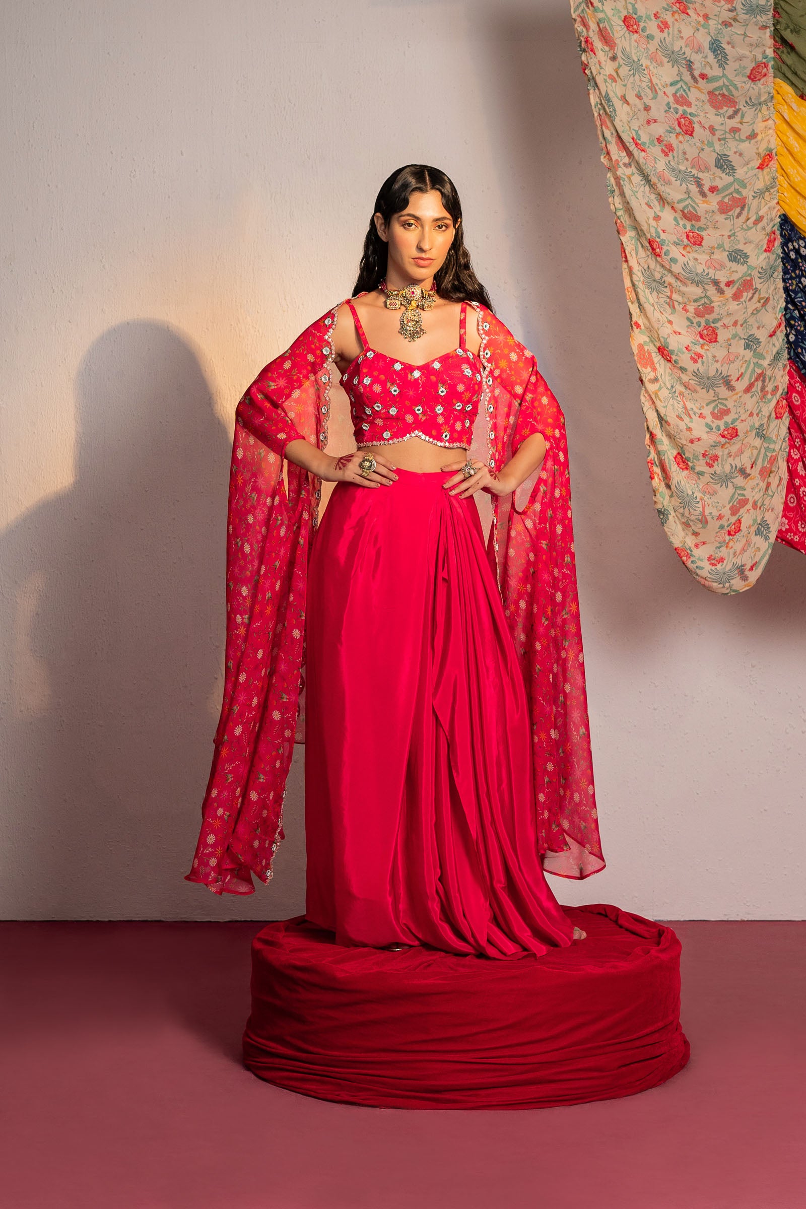 Hot Pink Printed And Embroidered Cape & Skirt Set - S image
