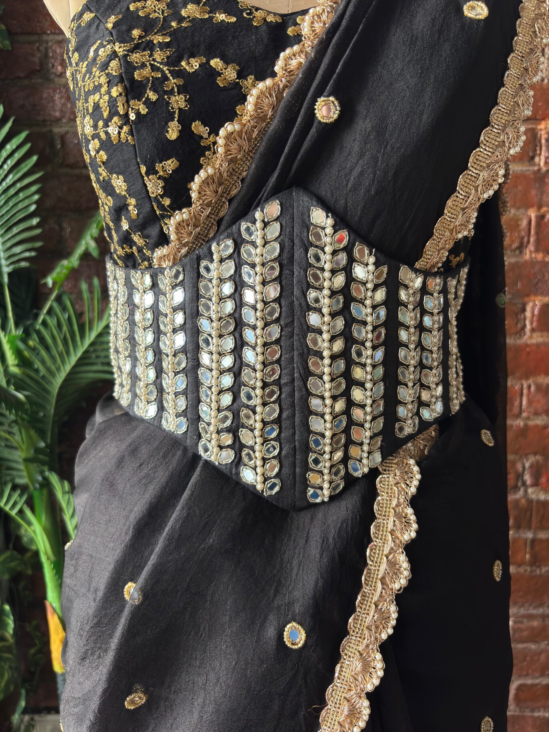 Black Organza Saree with Mirror Work Corset Belt image 3
