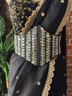 Black Organza Saree with Mirror Work Corset Belt image 3