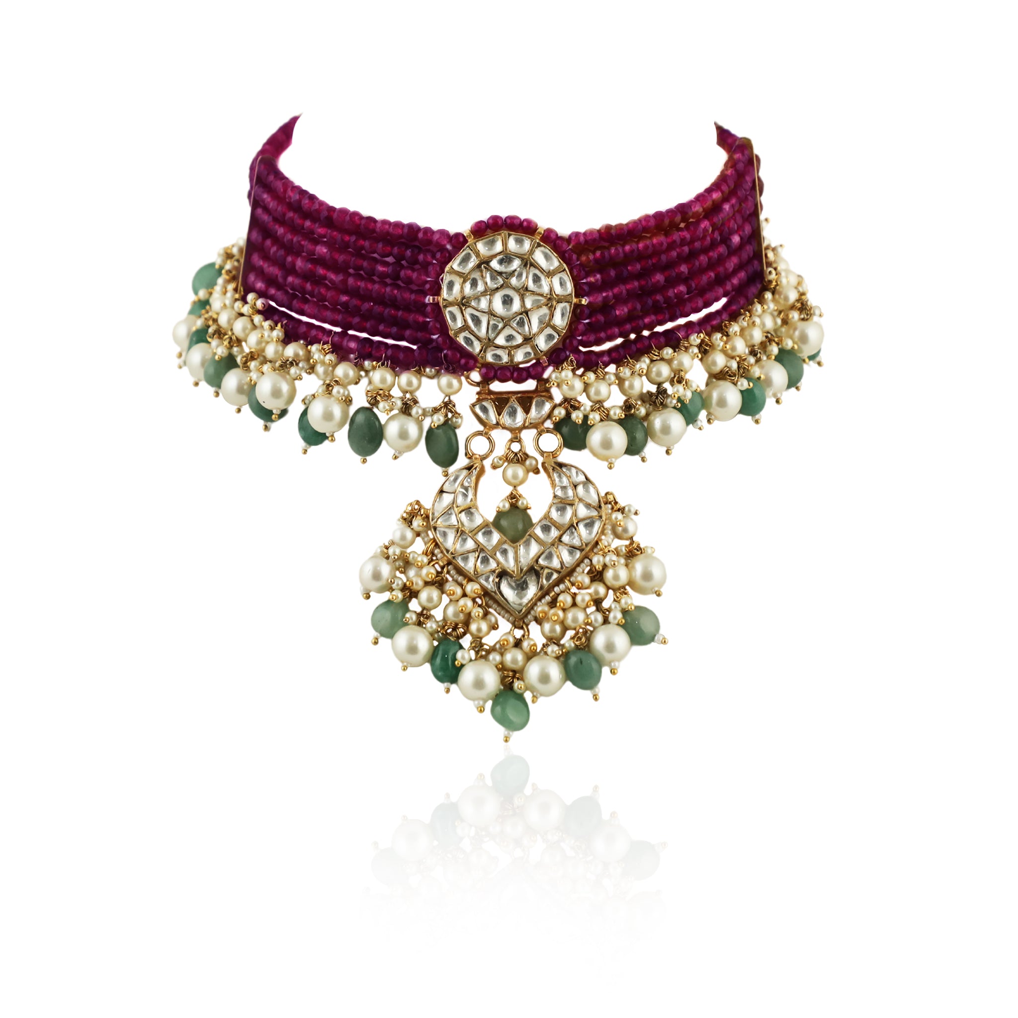 22KT Gold Plated Maroon Choker Necklace Set image 1
