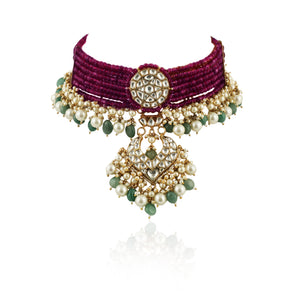 22KT Gold Plated Maroon Choker Necklace Set image 1
