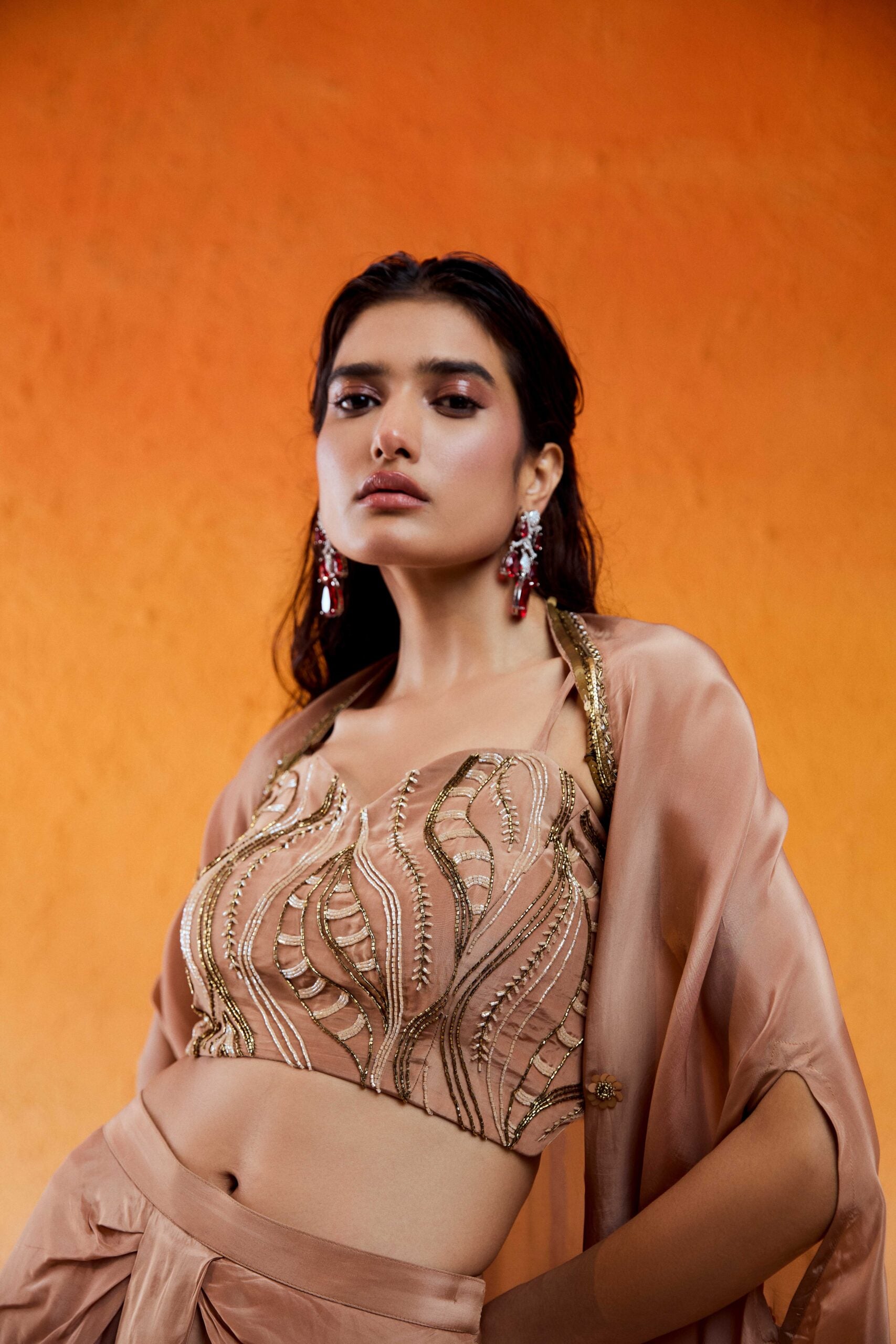 Caramel Brown Embroidered Drape Skirt Set with Cape image 6