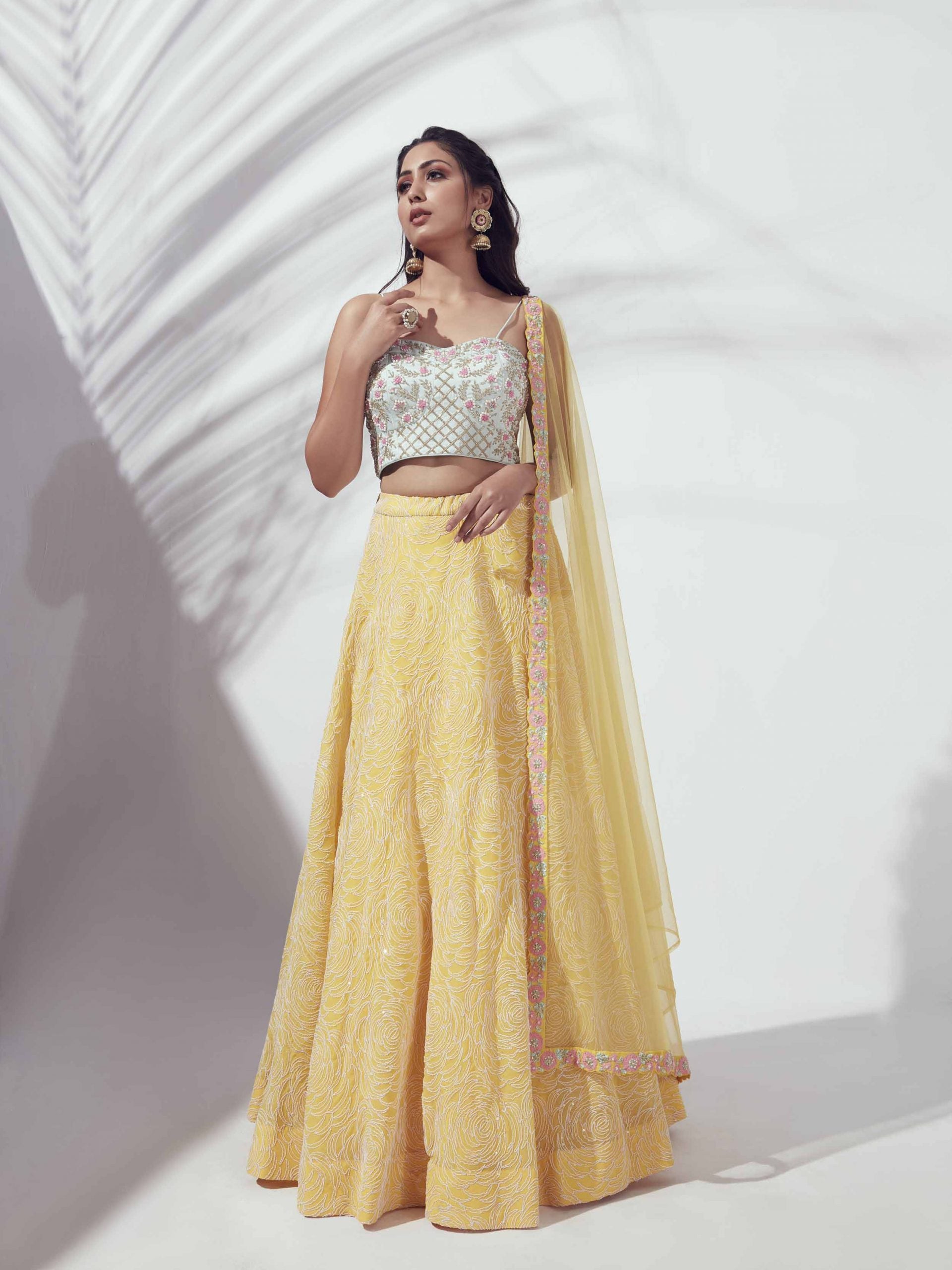 Sunflower Lehenga with Sea Green Bustier - M image