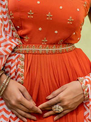 Red Orange Anarkali Set with Contrast Dupatta image 5