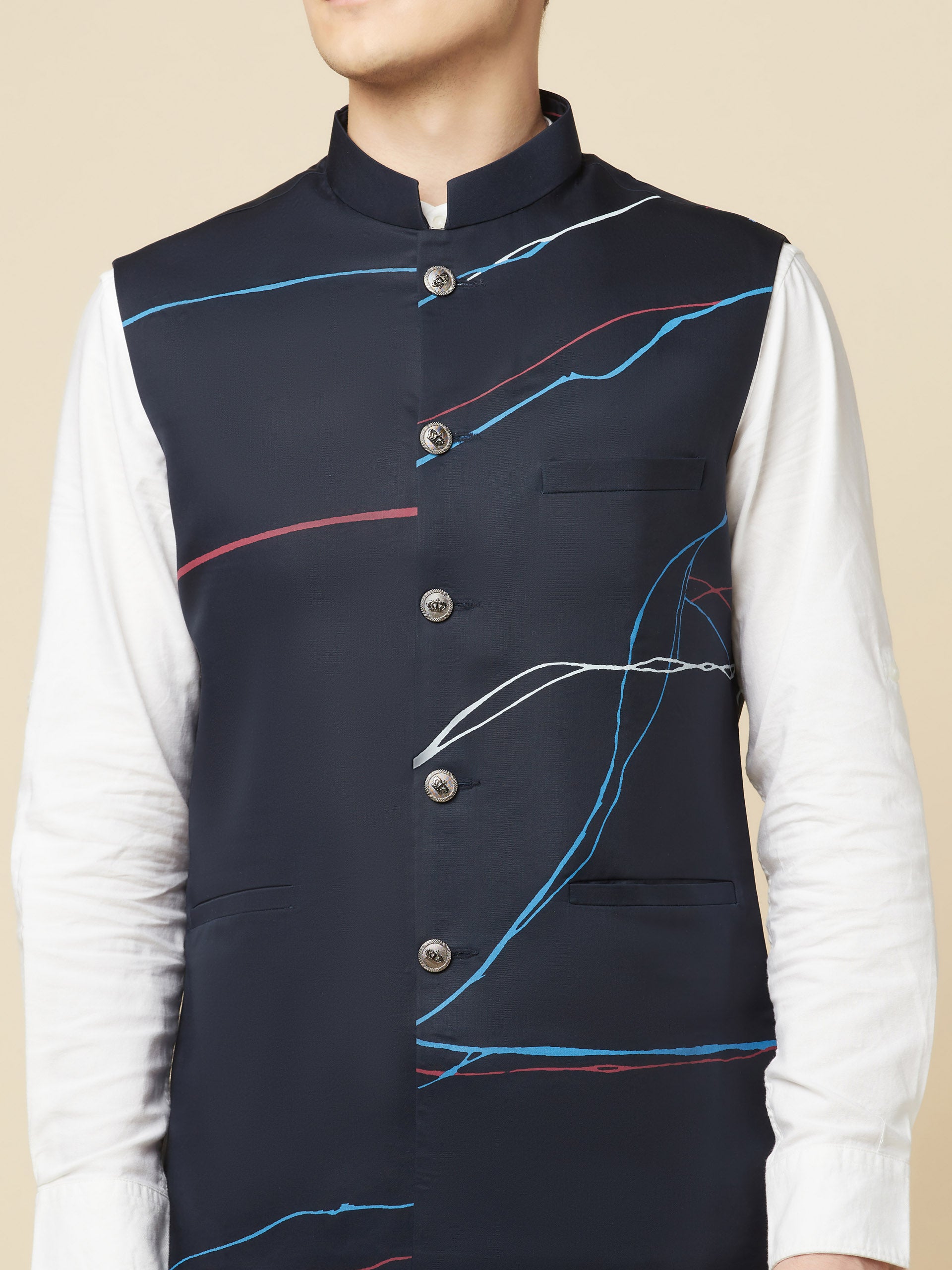 Navy Blue Printed Bundi Jacket image 6