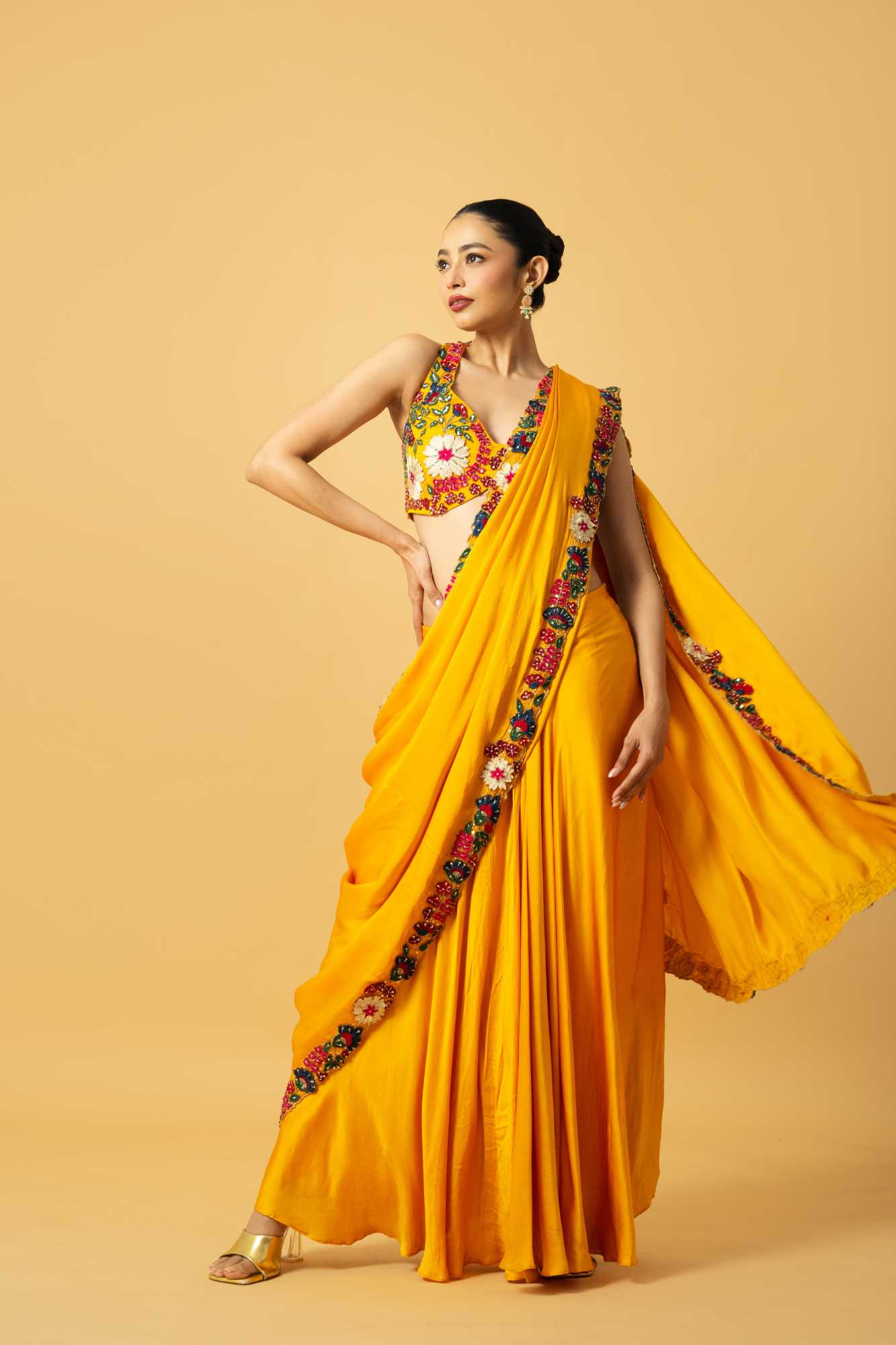 Golden Yellow Modal Satin Saree - L image