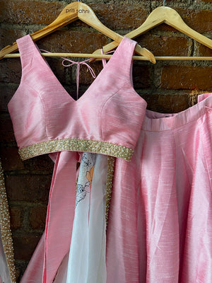 Pink and Ivory Hand Painted Lehenga Set image 4