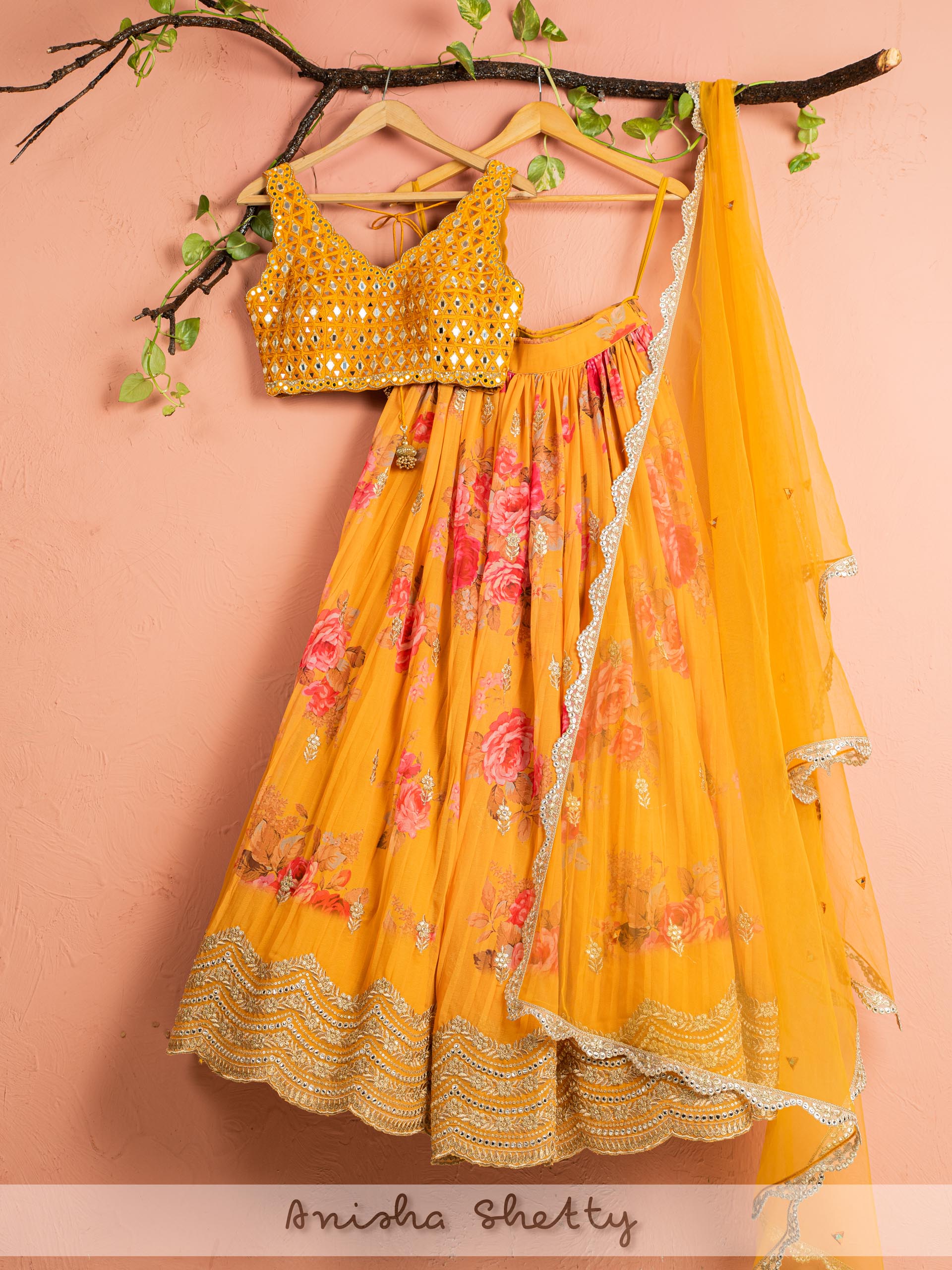 Honey Yellow Floral Lehenga Set - L image