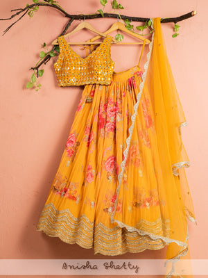 Honey Yellow Floral Lehenga Set - L image