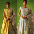 Powder Blue And Yellow Reversable Anarkali Set With Blue Dupatta