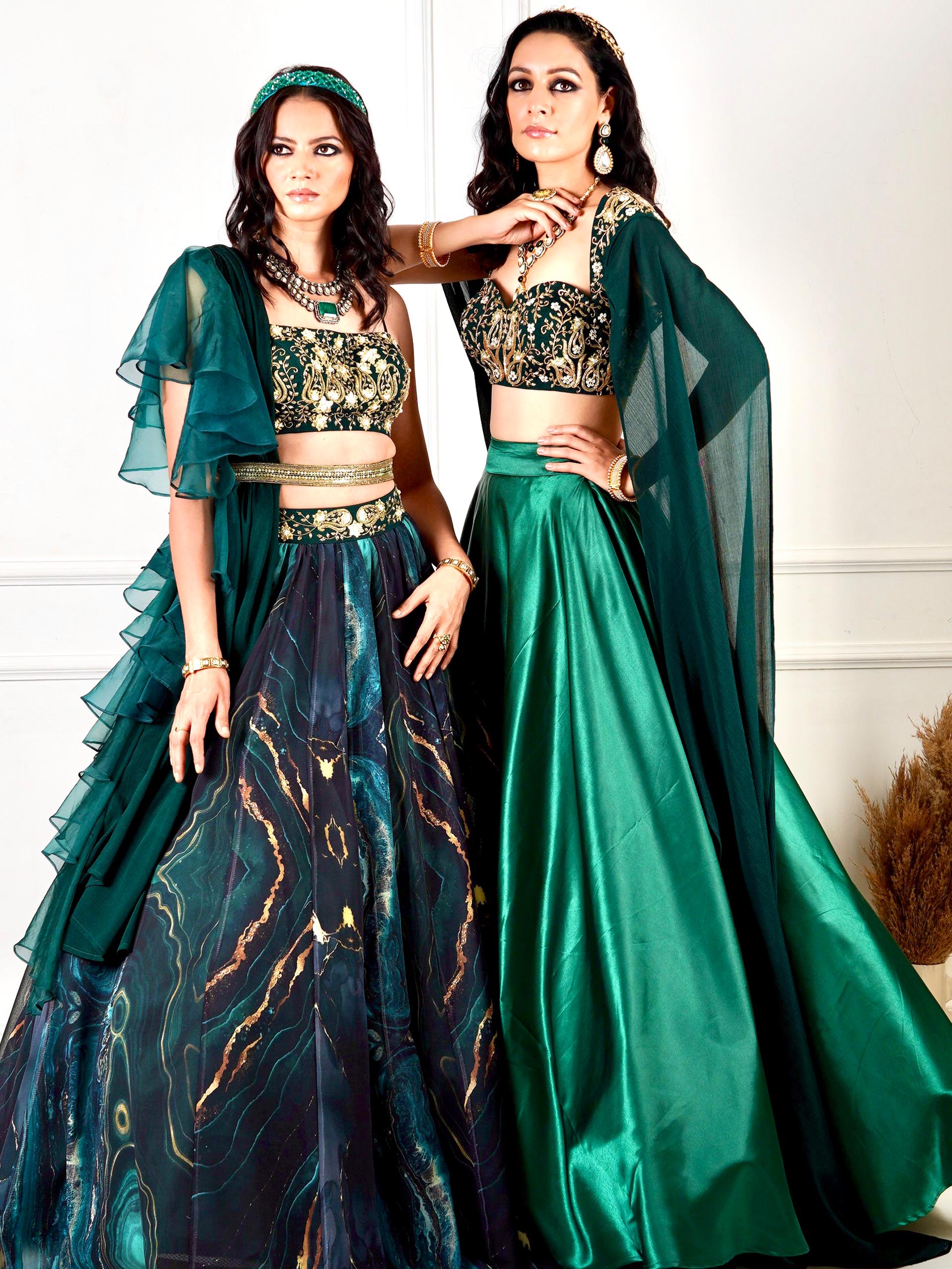 Green Meera Drape Lehenga Set image 2