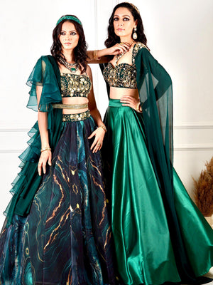 Green Meera Drape Lehenga Set image 2