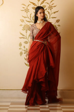 Rustic Red Organza Ruffle Saree Set - Custom image