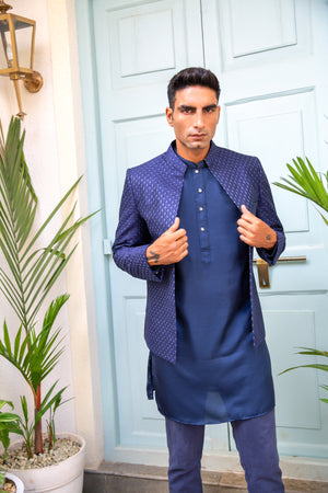 Navy Sequin Open Jacket Kurta Set image 3