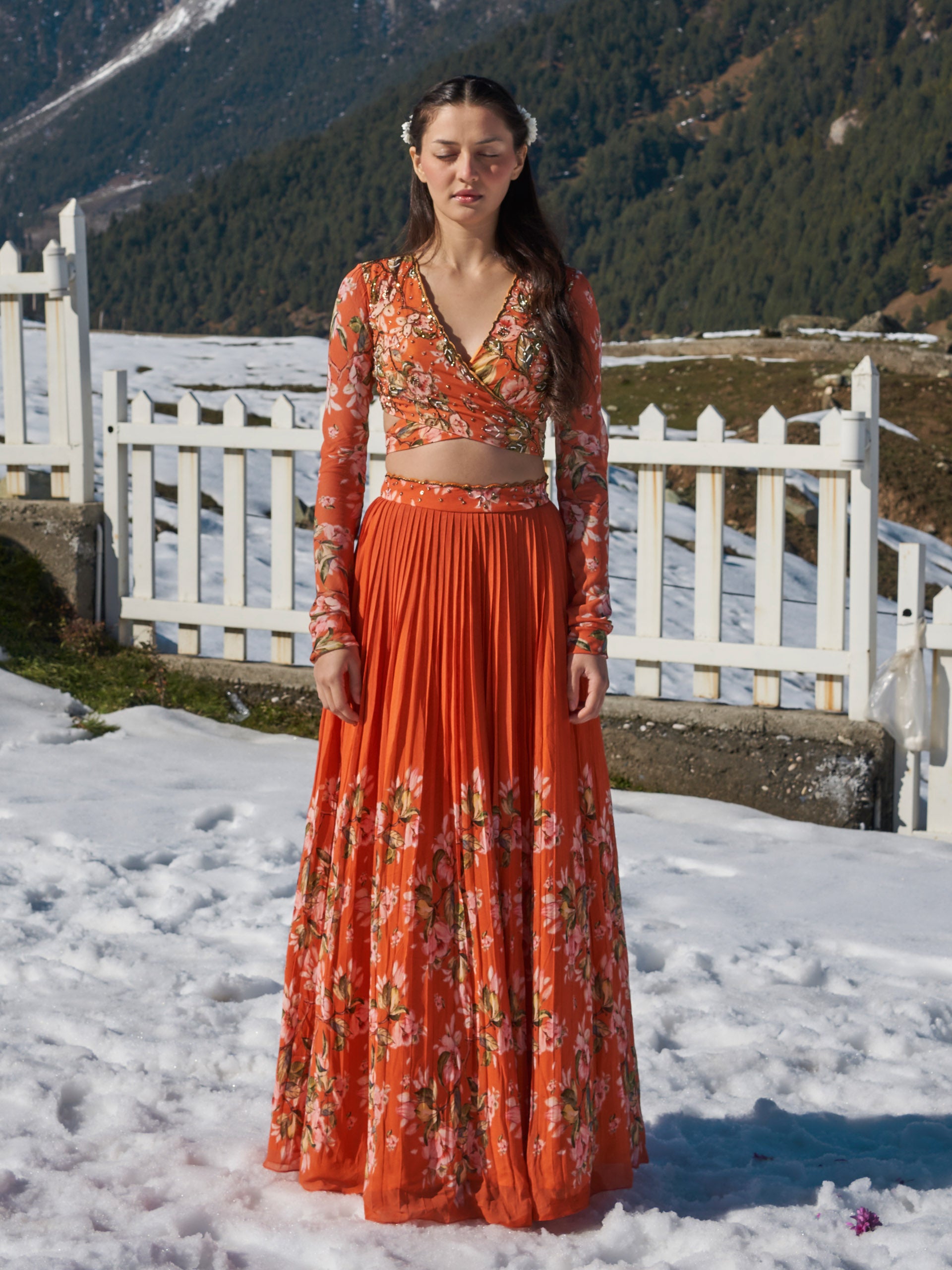Orange Floral Lehenga Set image 2