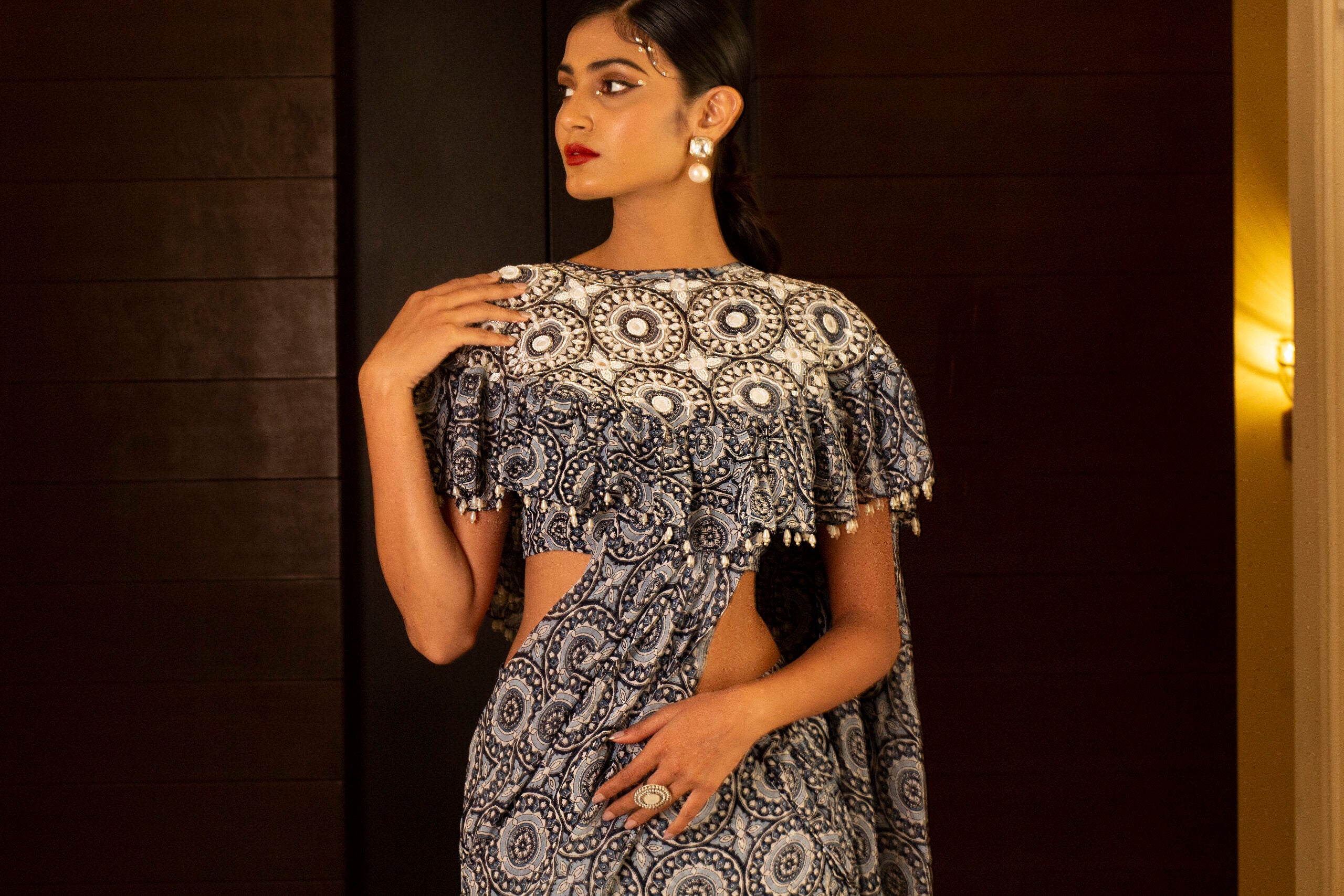 Blue Printed Skirt Saree Set image 5
