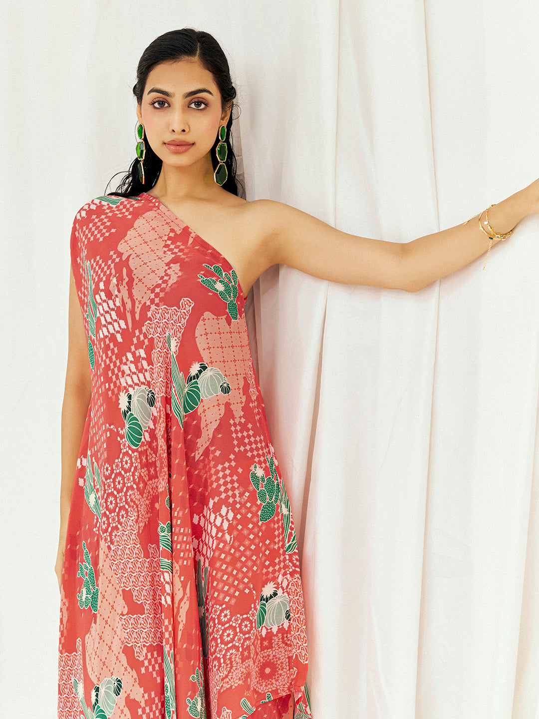 Red Printed Kaftan Set with Pants image 1