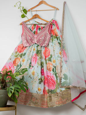 Aqua Floral Mirror Lehenga Set with Watermelon Pink Blouse - Custom image