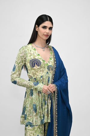 Peacock Highlighted Peplum Kurta Paired with Peacock Sharara Pants With Embroidered Dupatta - XL image