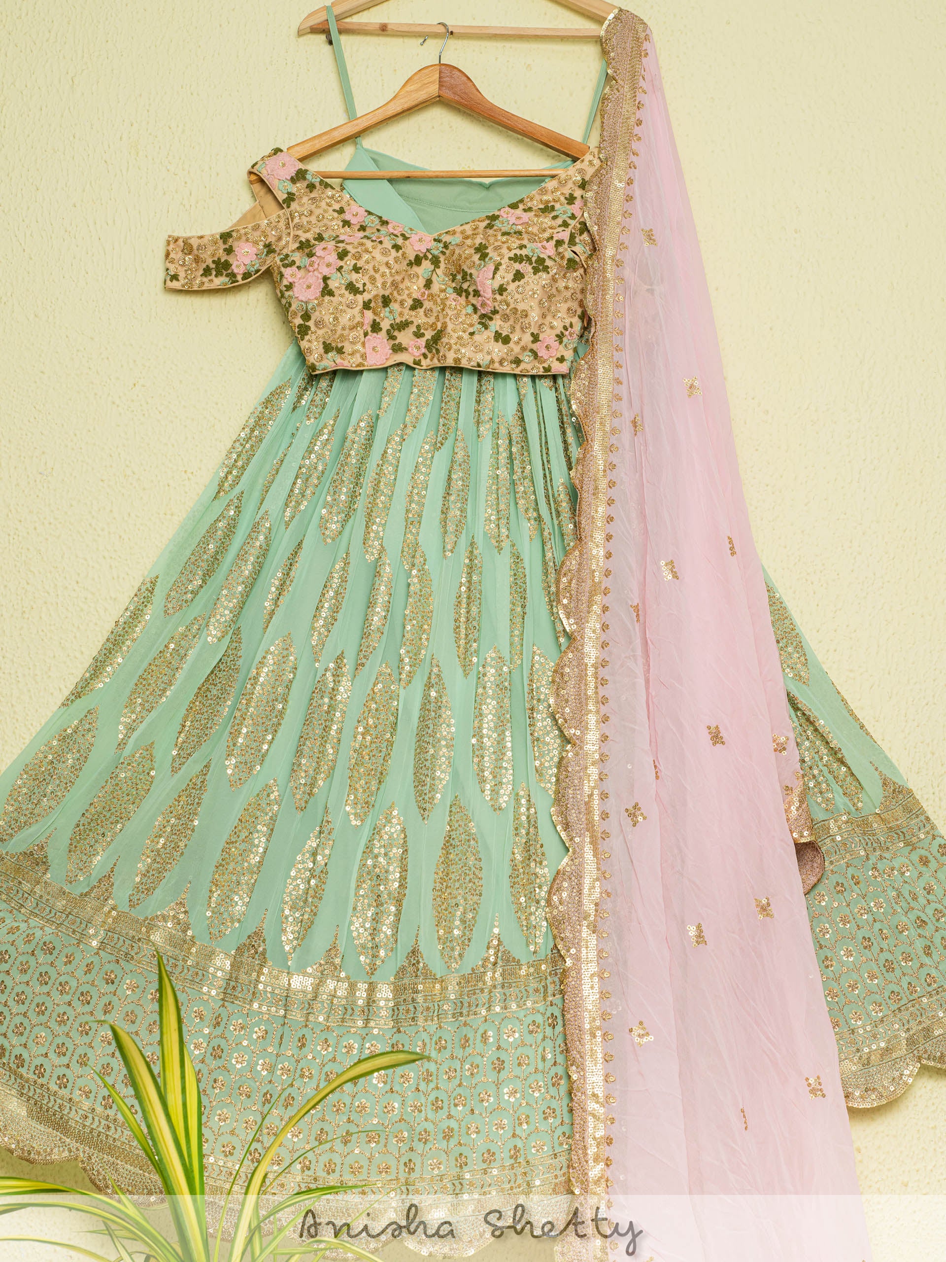 Mint Green Lehenga and Oyster Floral Blouse Set image 0