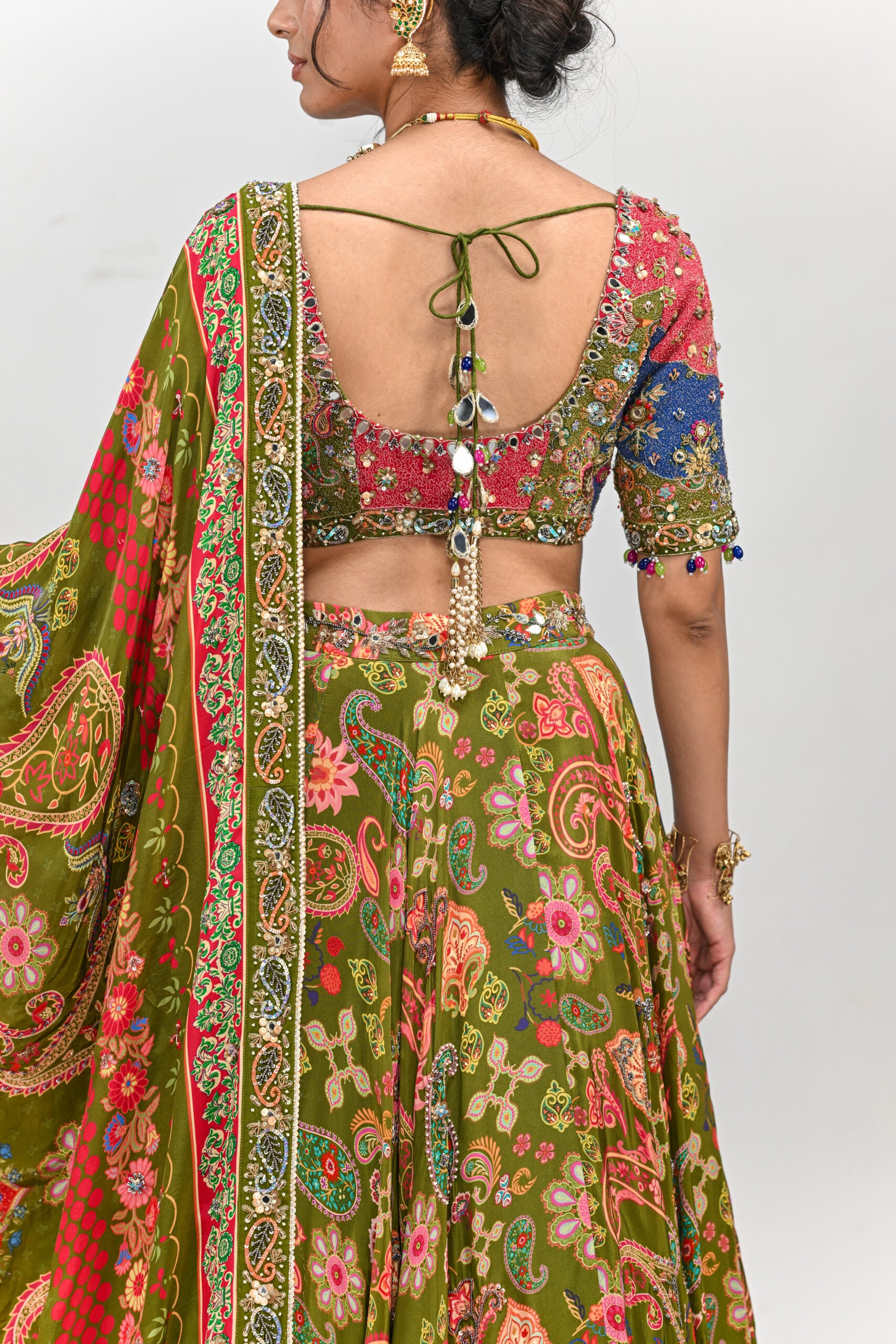 Olive Highlighted Lehenga Paired With Patch Embroidered Badla  Blouse and  Dual Print Highlighted Dupatta image 1