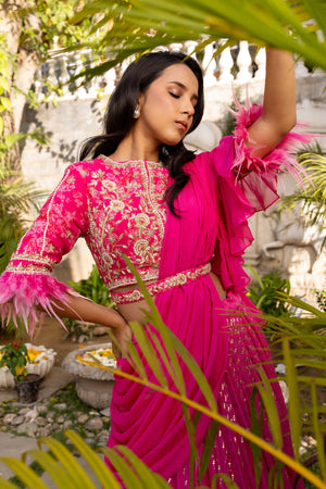 Pink Flair Sleeve Georgette Embroidered Lehenga Set image 1