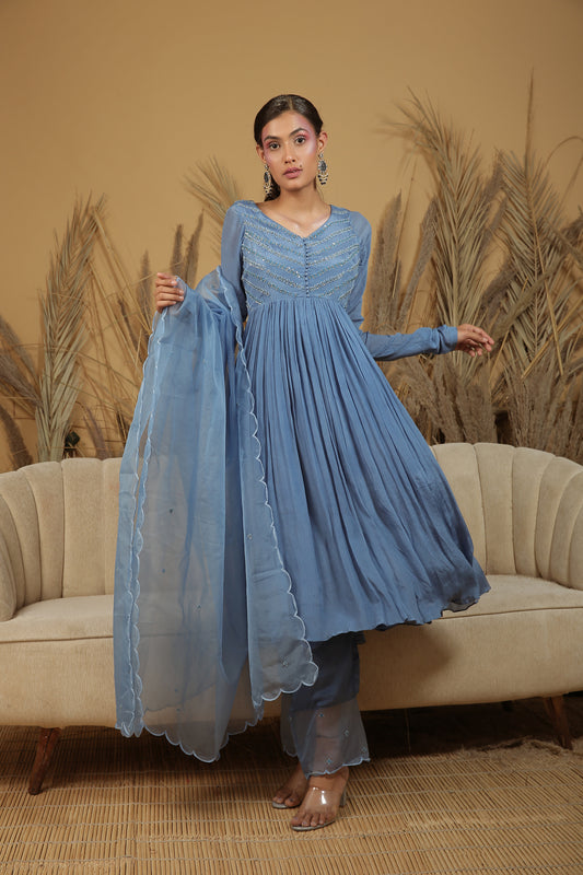 Bright Cobalt Blue Hand Embroidered Anarkali Set image 1