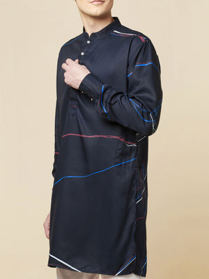 Navy Blue Printed Kurta image 4