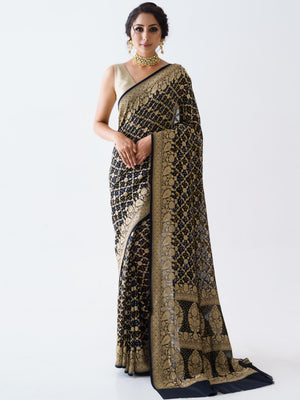 Royal Black Banarasi Bandhani Saree Set - S image