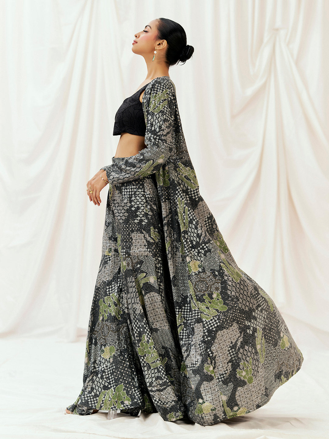 Black Printed Embroidered Long Jacket Sharara Set image 3