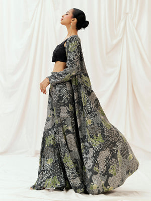 Black Printed Embroidered Long Jacket Sharara Set image 3