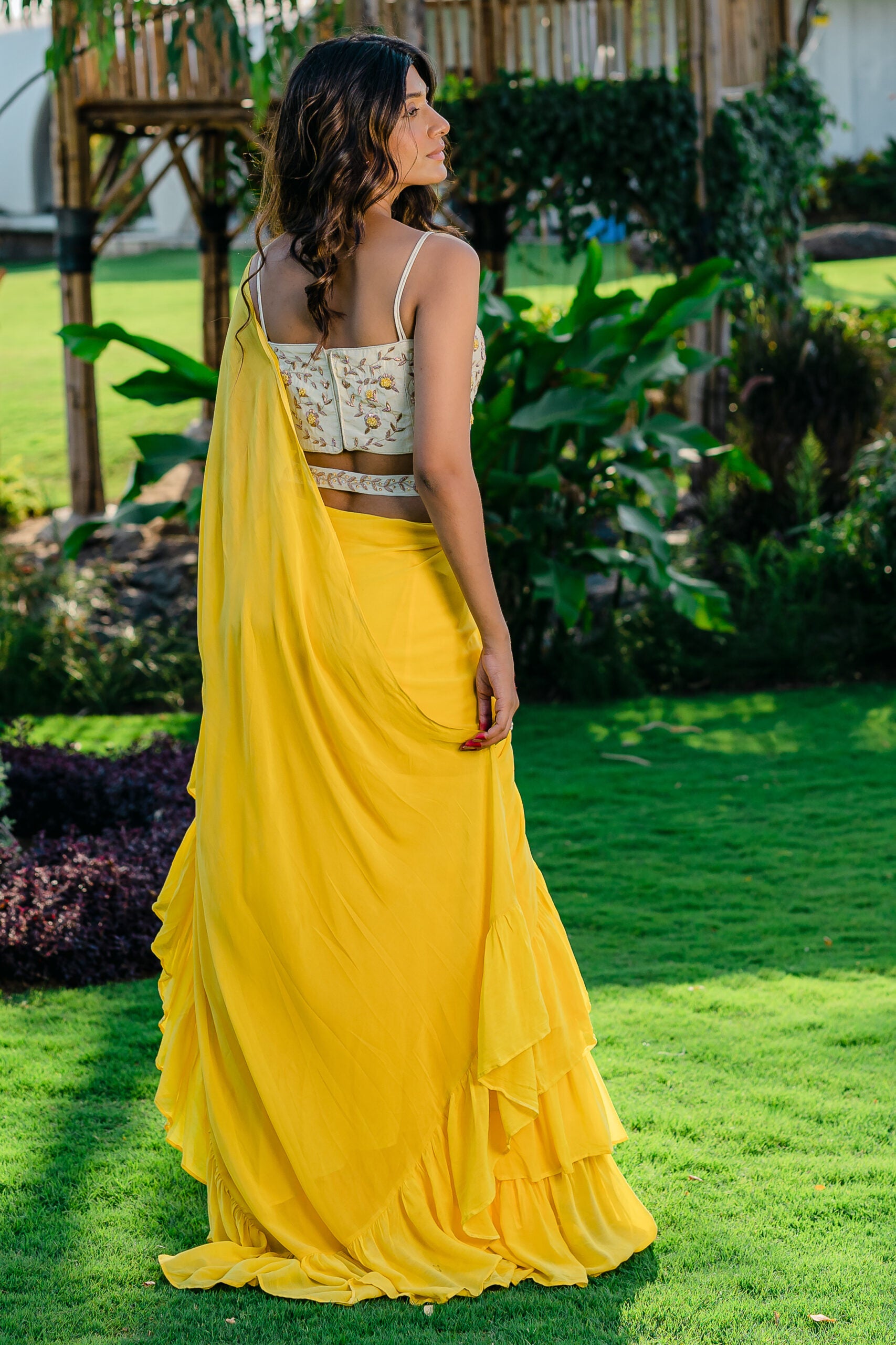 Yellow Embroidered Drape Saree Set with Belt image 5