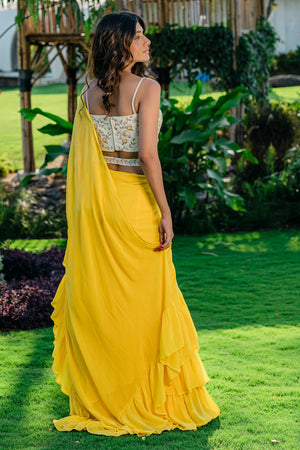 Yellow Embroidered Drape Saree Set with Belt image 5